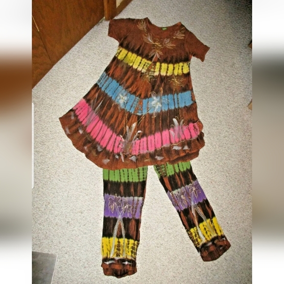 Brown w/ Pink Yellow Green Purple Rainbow Tie Dye Embroider Hippie Outfit Unique - Picture 1 of 6